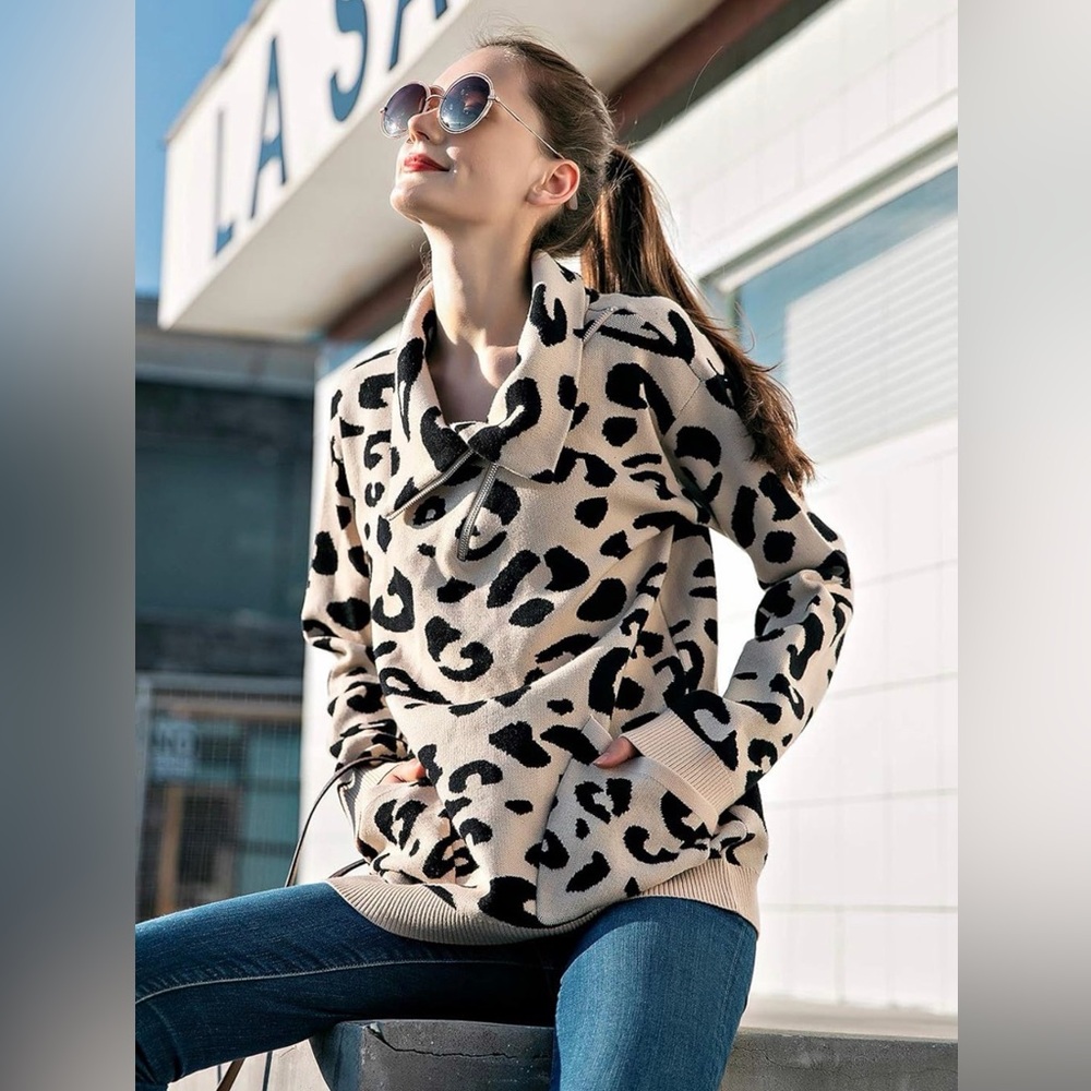 NWOT Boutique Leopard Tan Black 1/4 Zip Collared Pullover Heavy Knit Sweater XL